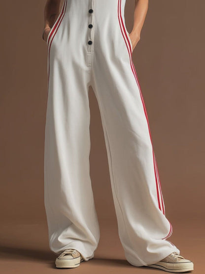 Loose Sleeveless Buttoned Pockets Striped Lapel Jumpsuits