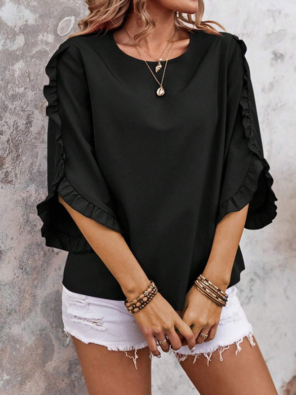 Loose Three-Quarter Sleeves Ruffle Trim Solid Color Round-Neck T-Shirts Tops