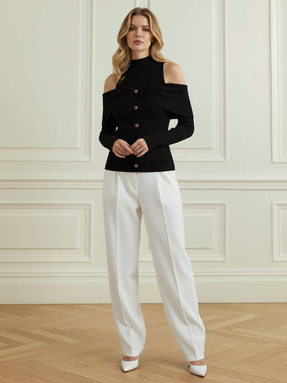 Long Sleeves Skinny Buttoned Pleated Ribbed Knit Cold Shoulder Knit Top