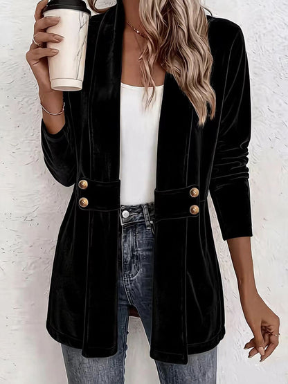 Velvet Solid Color Buttoned Loose Long Sleeves Collarless Outerwear