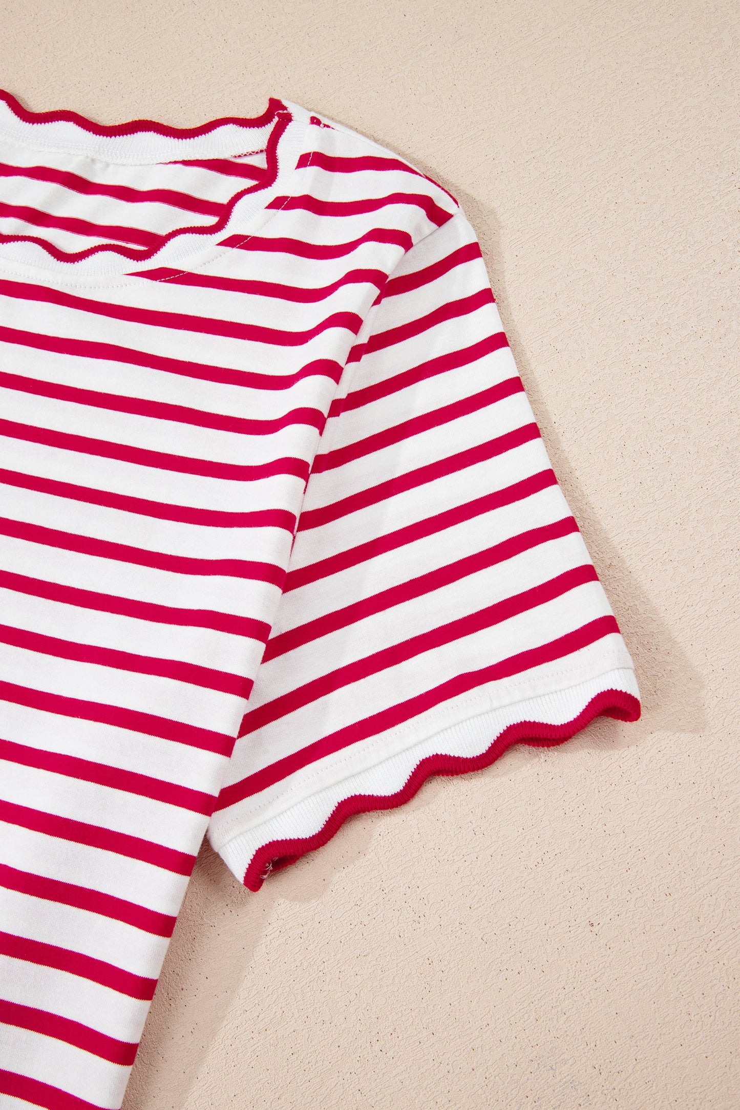 Green Stripe Scalloped Trim Round Neck T Shirt