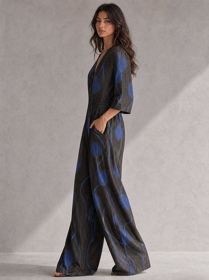 Wave Print Pockets Elasticity Contrast Color Buttoned Wide Leg Three-quarter Sleeves V-neck Jumpsuits