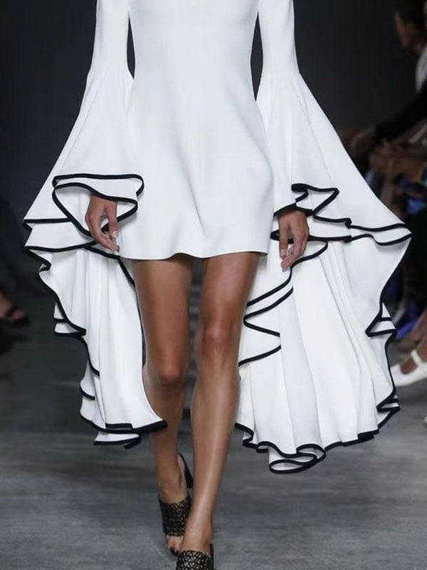 Mini-robes à manches évasées et manches longues, couleur unie, col montant 