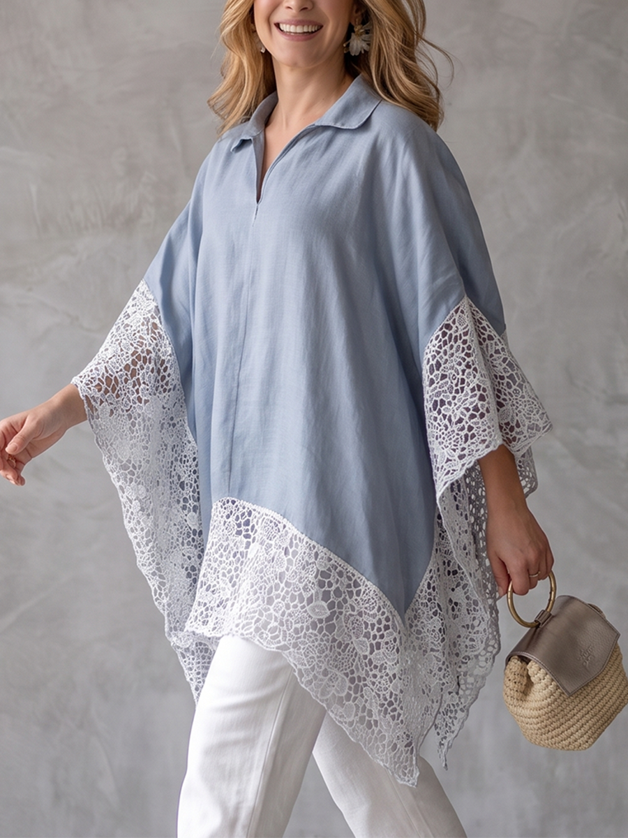 Zipper Split-Joint Solid Color Loose Half Sleeves Lapel Blouses&shirts Tops