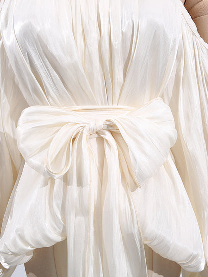 Long Sleeves Loose Pleated Solid Color Tied Halter-Neck Blouses&Shirts Tops