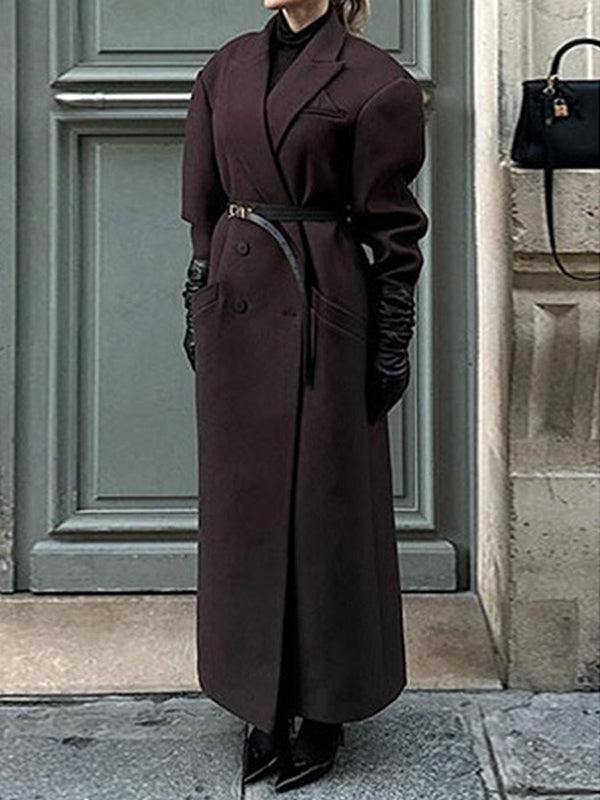 Long Sleeves Buttoned Pockets Solid Color Lapel Overcoat Suit Outerwear