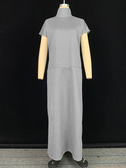 Robe longue ample à manches courtes et col montant, couleur unie 