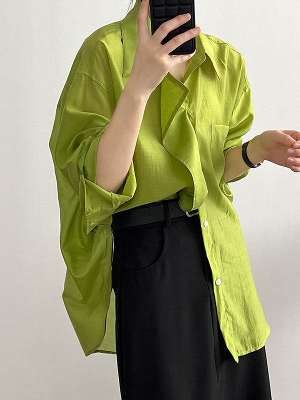 Irregular Clipping Long Sleeves Solid Color Lapel Blouses&Shirts Tops