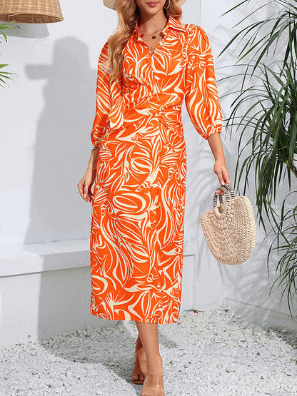 A-Line High Waisted Elasticity Printed Tied Waist Lapel Midi Dresses Shirt Dress