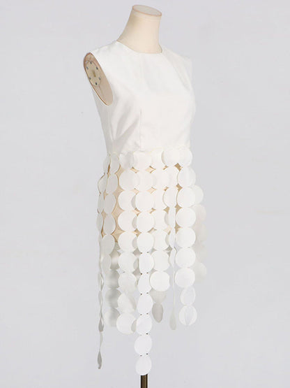 Haut sans manches à pois, couleur unie, col rond, pompons fendus 