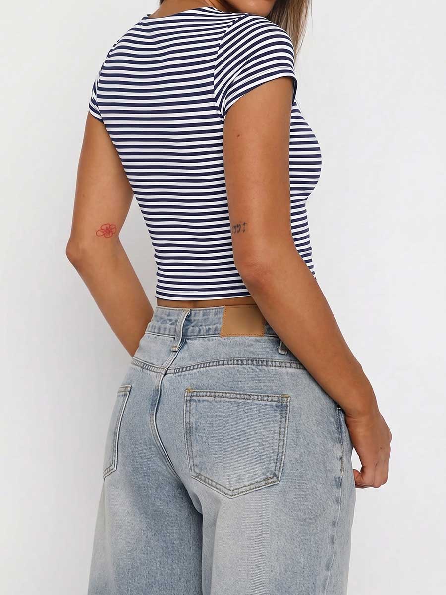 Striped Contrast Color Skinny Short Sleeves Square-neck T-Shirts Tops