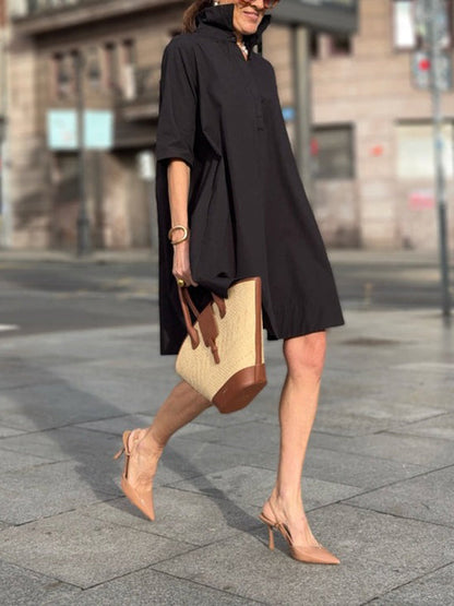 A-Line Short Sleeves Solid Color Split-Joint Lapel Mini Dresses Shirt Dress