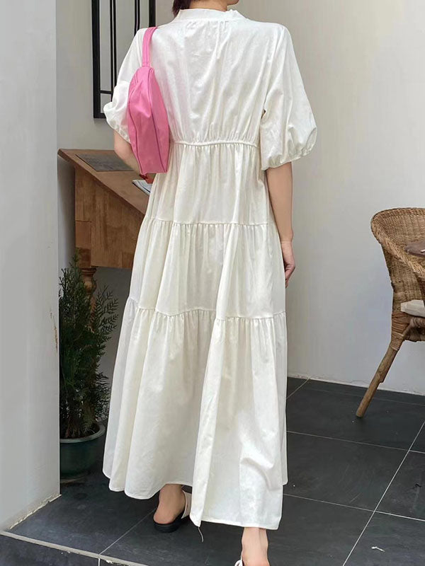 Lockere, bestickte, plissierte Midikleider mit V-Ausschnitt und Bischofsärmeln 