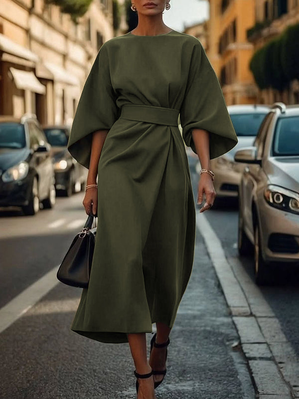 Loose Puff Sleeves Pleated Solid Color Split-Joint Round-Neck Midi Dresses