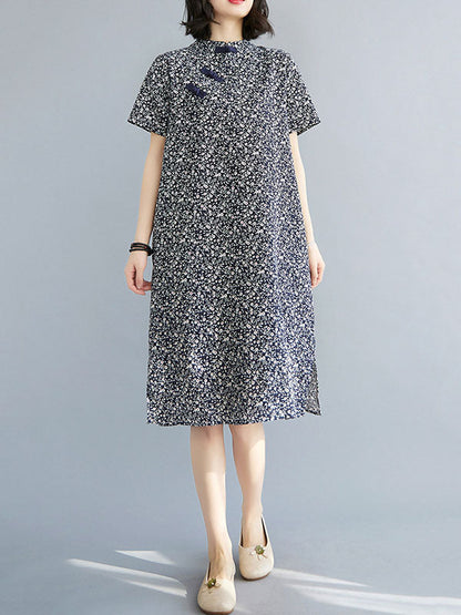 Artistic Retro Floral Printed Stand Collar Short Sleeves Cheongsam Midi Dress