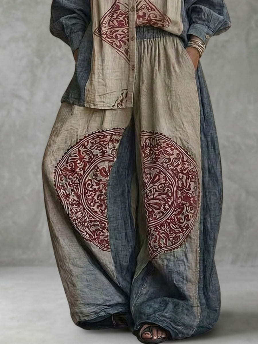 High Waisted Loose Contrast Color Elasticity Pockets Printed Pants Trousers