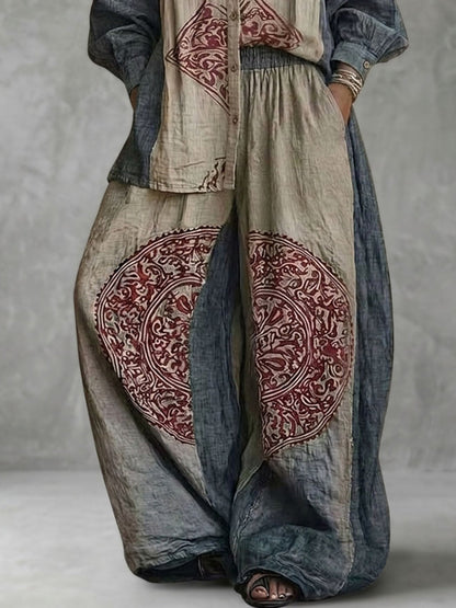 High Waisted Loose Contrast Color Elasticity Pockets Printed Pants Trousers