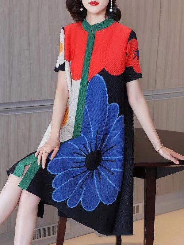 A-Linie Locker geknöpft Blumendruck Plissee Rundhals Midikleider 