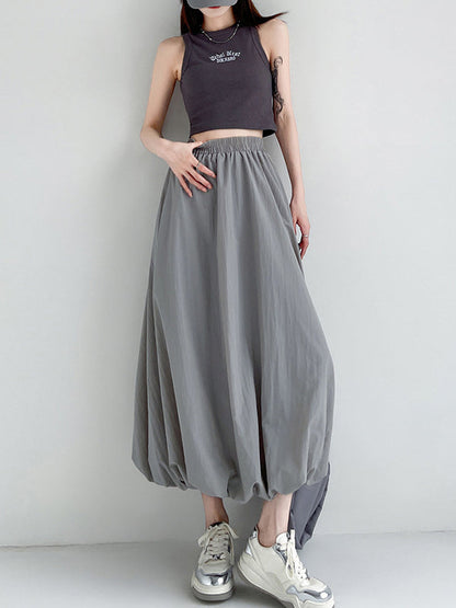 A-Line Loose Elasticity Pleated Pockets Solid Color Skirts Bottoms
