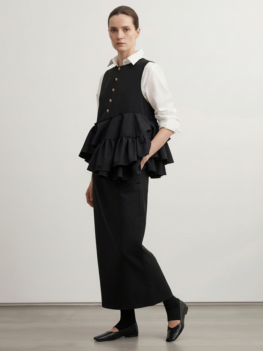 Column Irregularity Asymmetric Buttoned Contrast Color Layered Ruffled Split-Joint Lapel Maxi Dresses Shirt Dress