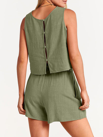 Solid Color Round-Neck Vest + Elasticity Drawstring Shorts Two Pieces Set