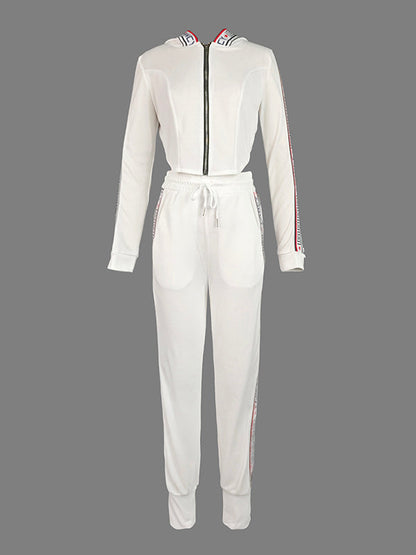 Long Sleeves Letter Print Split-Side Zipper Hooded Jackets+Pants Two Pieces Set