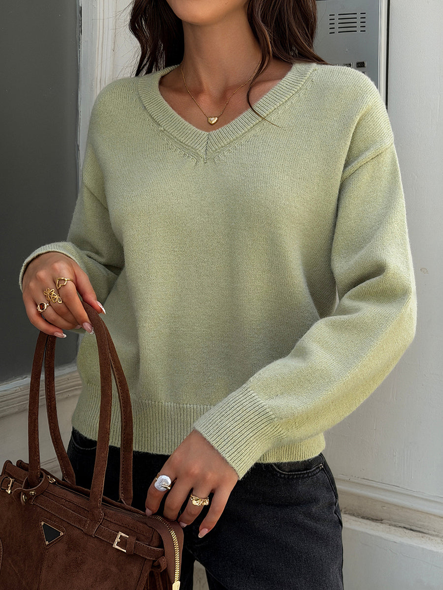 Solid Color Ribbed Loose Long Sleeves V-neck Sweater Pullovers