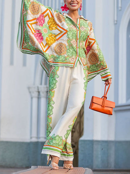 Batwing Sleeves High-Low Buttoned Flower Print Lapel Blouses&Shirts Tops