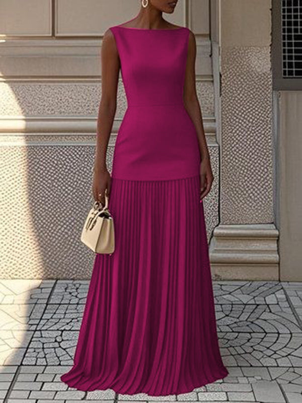 Sleeveless Gauze Pleated Solid Color Split-Joint Boat Neck Evening Dresses Maxi Dresses