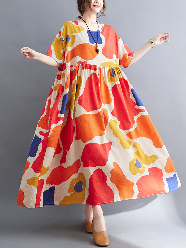 Künstlerische Retro-Kurzarm-Midikleider mit lockerem Kontrastfarbdruck und Rundhalsausschnitt 