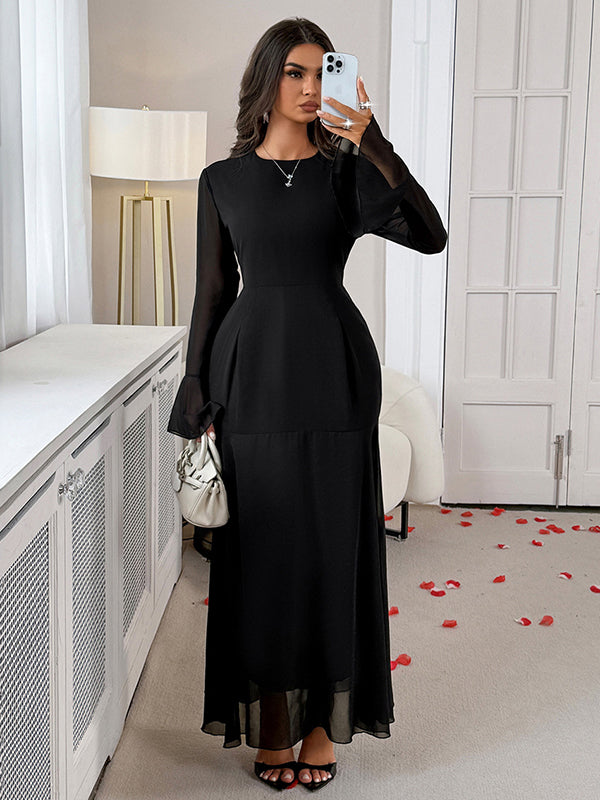 Elasticated Waist Flared Sleeves See-Through Solid Color Split-Joint Round-Neck Maxi Dresses