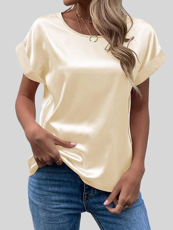 Loose Short Sleeves Solid Color Round-Neck T-Shirts Tops APRICOT