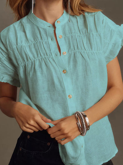 Loose Short Sleeves Pleated Ruffled See-Through Split-Joint Round-Neck Blouses&Shirts Tops