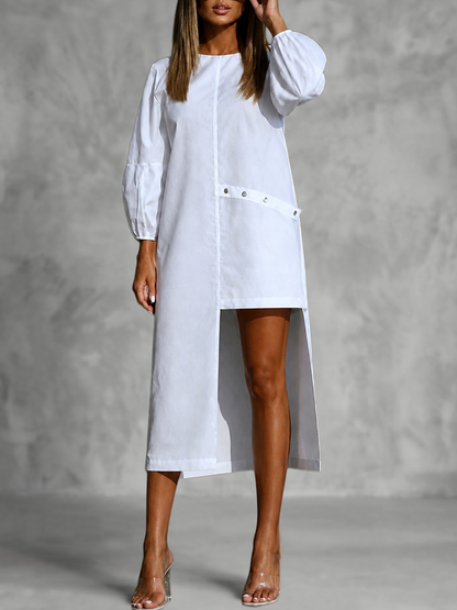 Solid Color Buttoned Asymmetric Three-quarter Sleeves Puff Sleeves Round-neck Midi Dresses