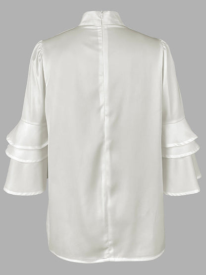 Half Sleeves Loose Layered Pleated Solid Color Split-Joint Mock Neck Blouses&Shirts Tops