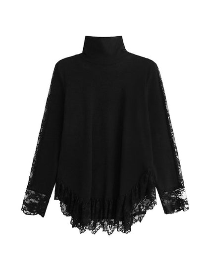 Hipster Long Sleeves See-Through Split-Joint High Neck T-Shirts Tops