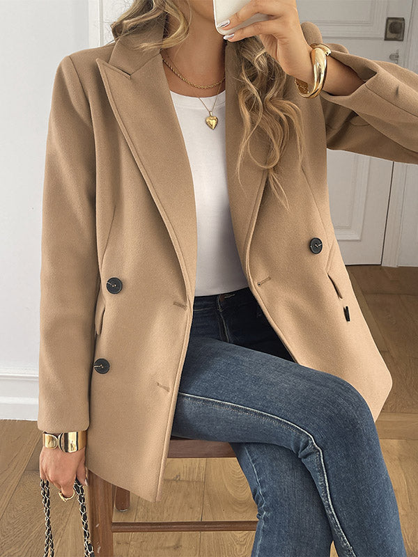 Long Sleeves Loose Buttoned Double-Breasted Solid Color Notched Collar Blazer Jackets&Coats Outerwear
