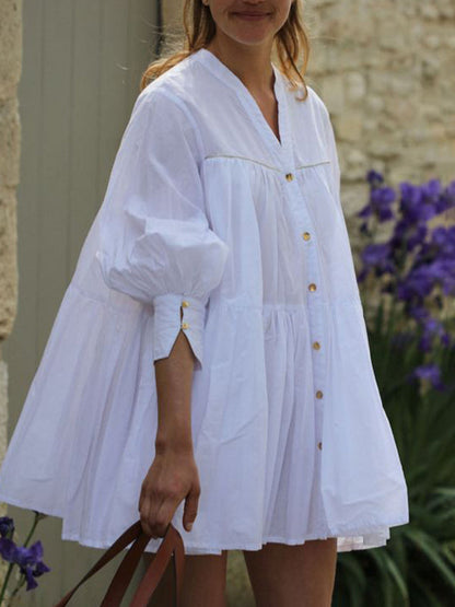 A-Line Long Sleeves Buttoned Pleated Solid Color V-Neck Mini Dresses Shirt Dress
