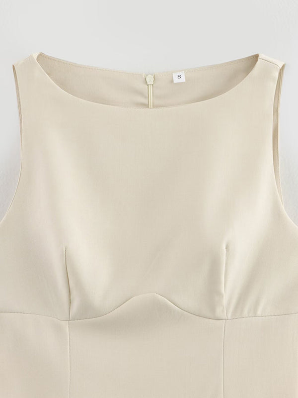 Mini-robe trapèze ample plissée de couleur unie avec fermeture éclair et col rond 