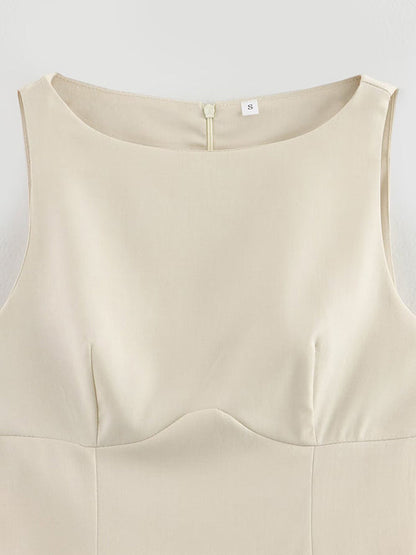 Mini-robe trapèze ample plissée de couleur unie avec fermeture éclair et col rond 