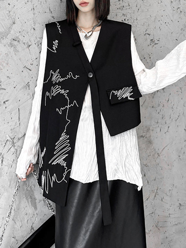 Sleeveless Asymmetric Buttoned Embroidered V-Neck Vest Top