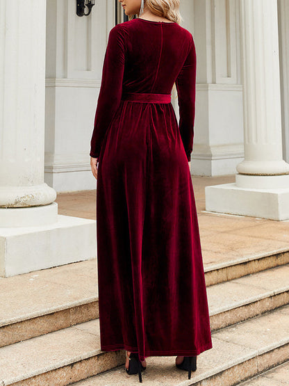 Long Sleeves Wrap Belted Pleated Solid Color Zipper Round-Neck Maxi Dresses