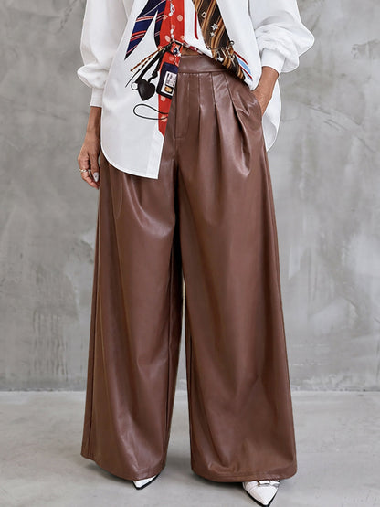 Zipper Solid Color Pockets Pleated Wide Leg High Waisted Trousers Pants