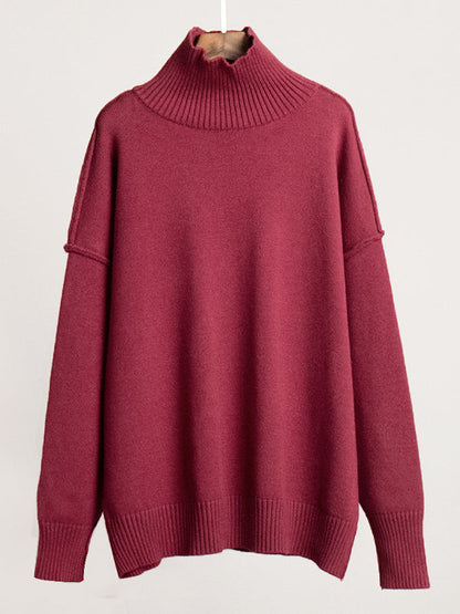 Long Sleeves Loose Solid Color Split-Joint High Neck Pullovers Sweater Tops