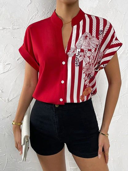 Loose Short Sleeves Buttoned Contrast Color Flower Print Striped V-Neck Blouses&Shirts Tops