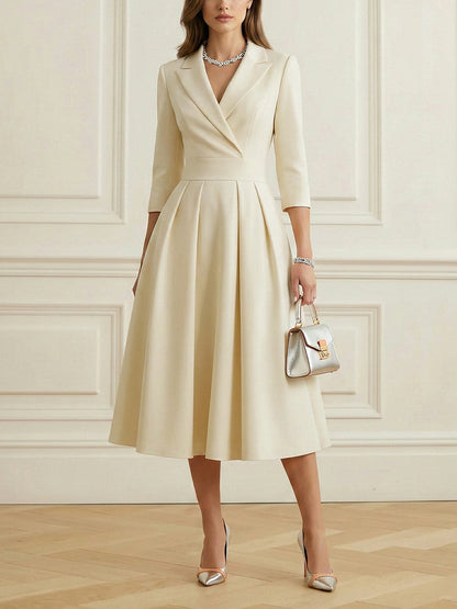 A-Line Elasticated Waist Big Hemline Pleated Solid Color Split-Joint Notched Collar Blazer Midi Dresses