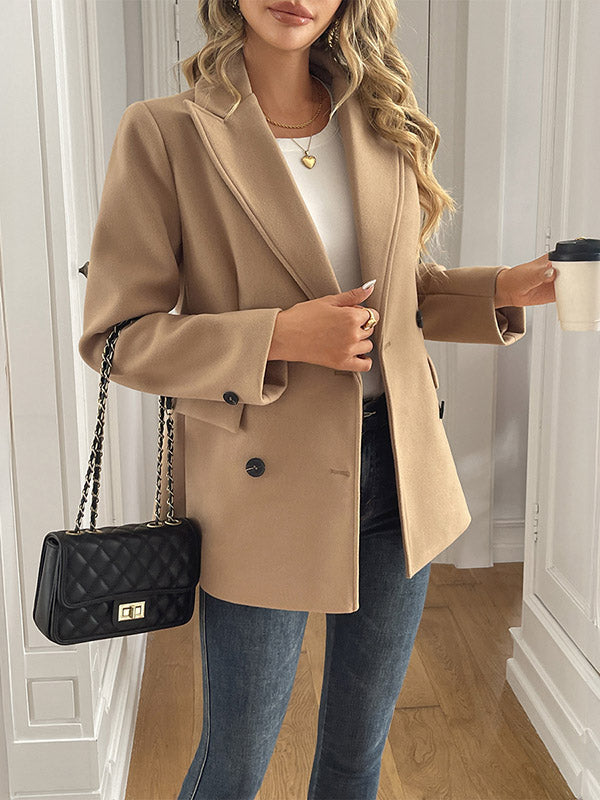 Long Sleeves Loose Buttoned Double-Breasted Solid Color Notched Collar Blazer Jackets&Coats Outerwear