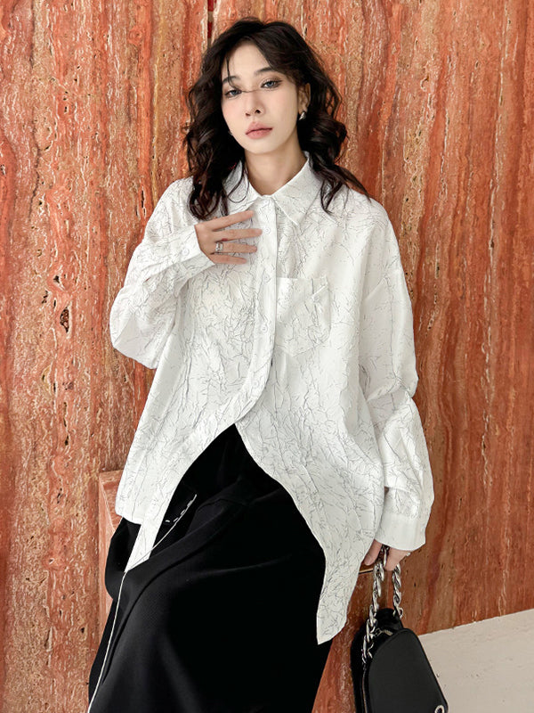 Irregularity Long Sleeves Abstract Printed Asymmetric Buttoned Wrinkled Lapel Blouses&Shirts Tops