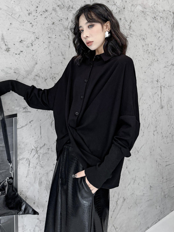 Hipster Irregularity Buttoned Solid Color Twist Lapel Collar Blouses&Shirts Tops