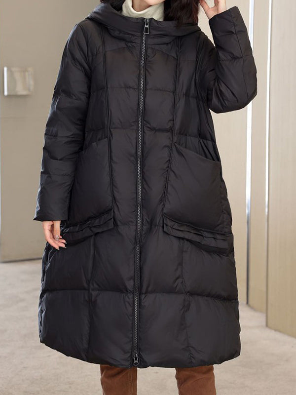 Daunenmantel mit langen Ärmeln, lockeren Taschen, einfarbiger Split-Joint-Kapuze 